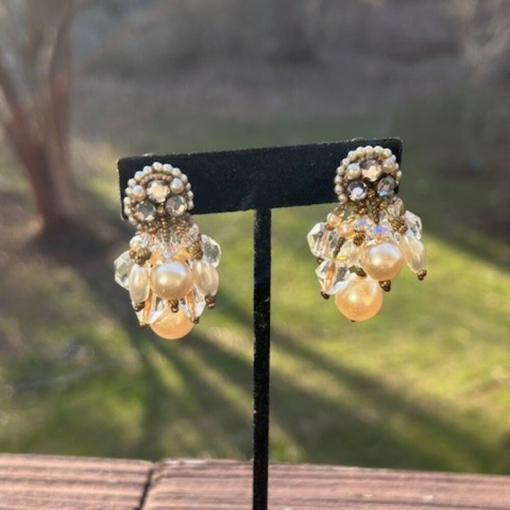 ROBERT DEMARIO Unsigned Cluster Rhinestone, Faux Pearl Gold Beaded Dangle EARRIN